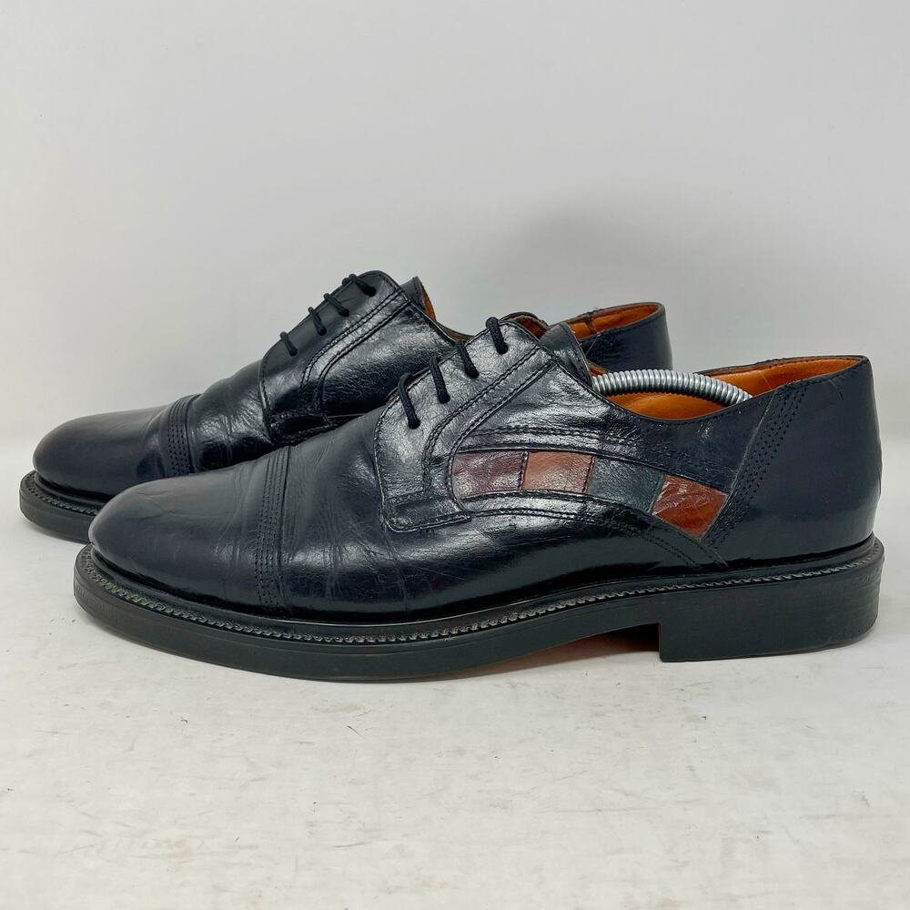 Vintage Edmonds Black Leather Cap Toe Oxfords Pieced Detail Colorful Mens 8/42